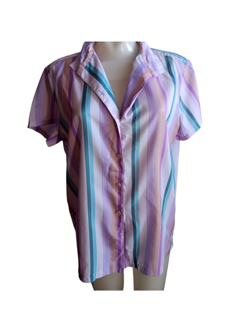Women's large Vintage 70's Striped Button-Up Blouse Pastel Purple/Teal Stripes